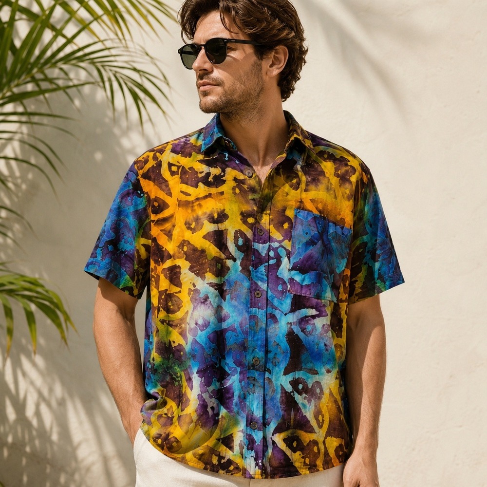 Multi-Color Men Button-Down Shirt Size L 100% Cotton Dopamine Resortwear